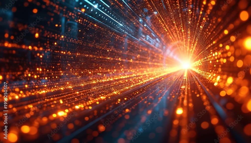 Fototapeta premium Abstract digital tunnel with glowing orange particles and blue light streaks. Endless cyberspace motion blur effect, data stream flow concept. Futuristic technology network background.