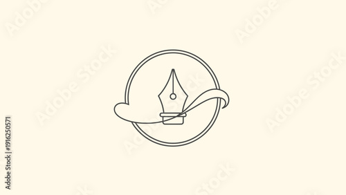 Elegant Fountain Pen Nib Emblem with Swirling Feather Detail.