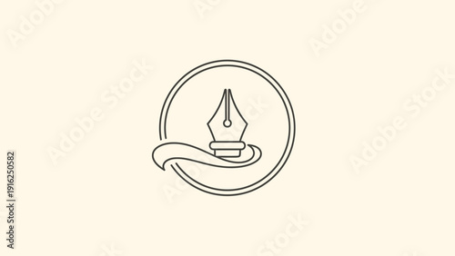 Elegant Fountain Pen Nib Emblem with Swirling Ribbon Design.