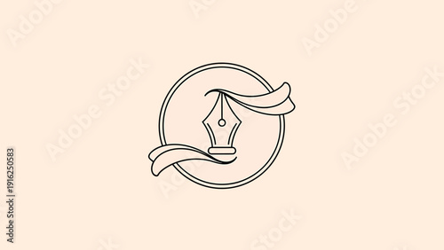 Elegant Fountain Pen Nib Emblem with Swirling Ribbons.