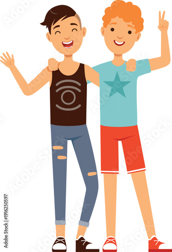 Teenager boys photo together. Cartoon friends character