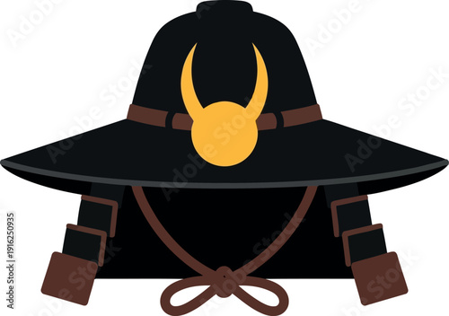 Samurai jingasa hat illustration with gold crest and black lacquered finish, traditional Japanese warrior helmet