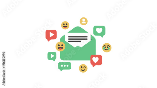 Email communication with social media icons and emojis.
