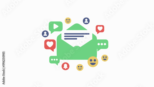 Email communication with social media icons and emojis.