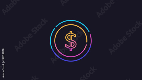 Glowing Neon Dollar Coin Symbol on Dark Background.
