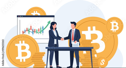 Business professionals shaking hands over a desk surrounded by cryptocurrency symbols and financial charts