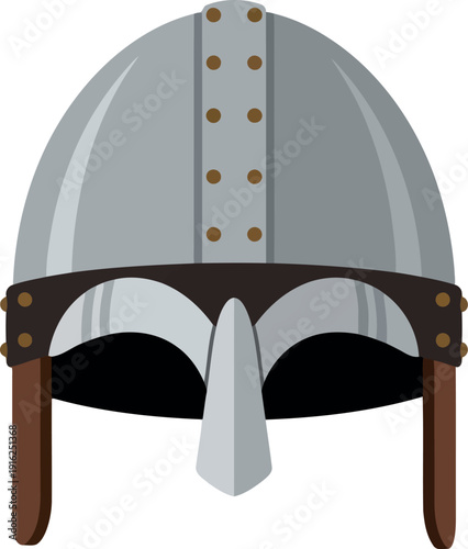Medieval Viking Helmet Illustration with Nose Guard and Rivets, Historical Armor Clipart
