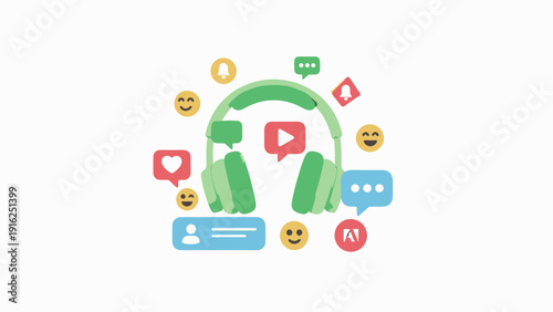 Green headphones with social media icons and emojis.