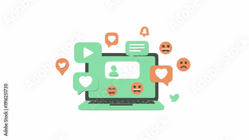 Laptop displaying social media icons and notifications.