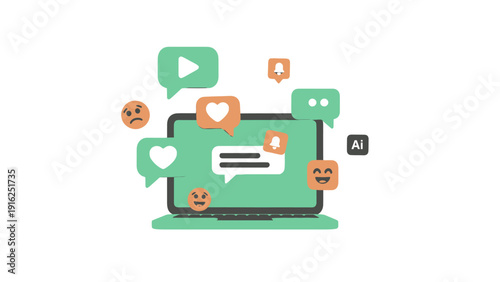 Laptop displaying social media content with emojis and icons.