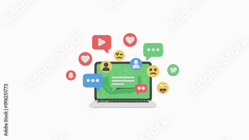 Laptop screen displaying social media icons and notifications.