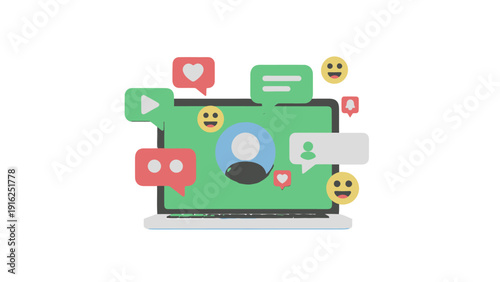 Laptop screen displaying social media icons and user profile.