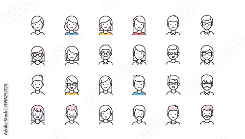 Collection of diverse profile icons representing various people and personalities in a simple line art style on a clean background