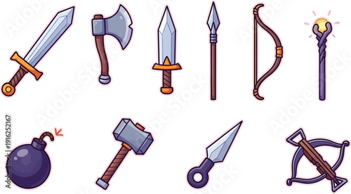 Collection of cartoon weapons including swords, hammers, and bows displayed in a grid layout on a digital canvas.