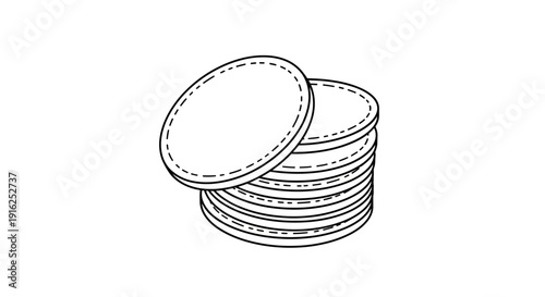 Stack of round white cotton pads with stitched edges, isolated on white background, top view