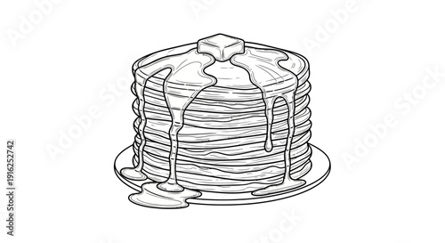 Stack of Pancakes with Butter and Syrup Drizzle, Hand-Drawn Illustration