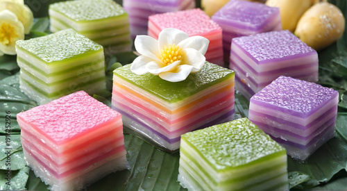 Traditional Thai Layered Steamed Cake (Khanom Chan) Served on Banana Leaves