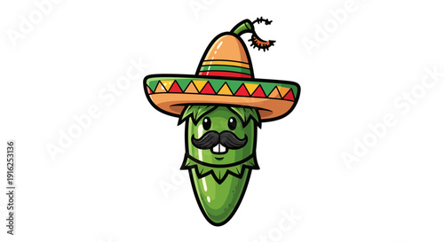Illustrative anthropomorphic jalapeño character wearing a traditional sombrero in a cartoon style