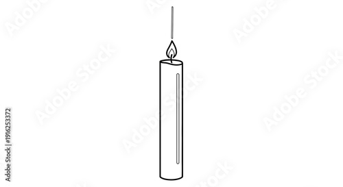 Single lit candle burning with a flame, suspended by a thread, isolated on white background