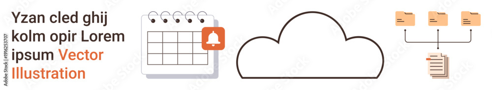 Fototapeta premium Data organization, cloud storage, scheduling, digital reminders, workflow management, file sharing. Calendar with bell icon, cloud and file hierarchy. Data organization and cloud storage concept