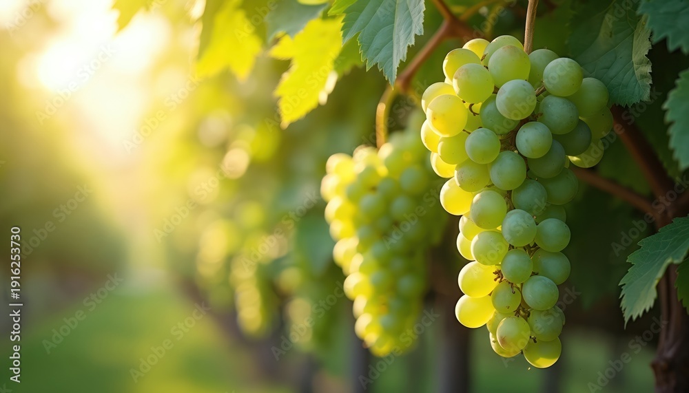 Fototapeta premium Green grape clusters hang from vine in vineyard. Sunlight shines through translucent fruit. Healthy food grows on plant. Agriculture harvest in garden.