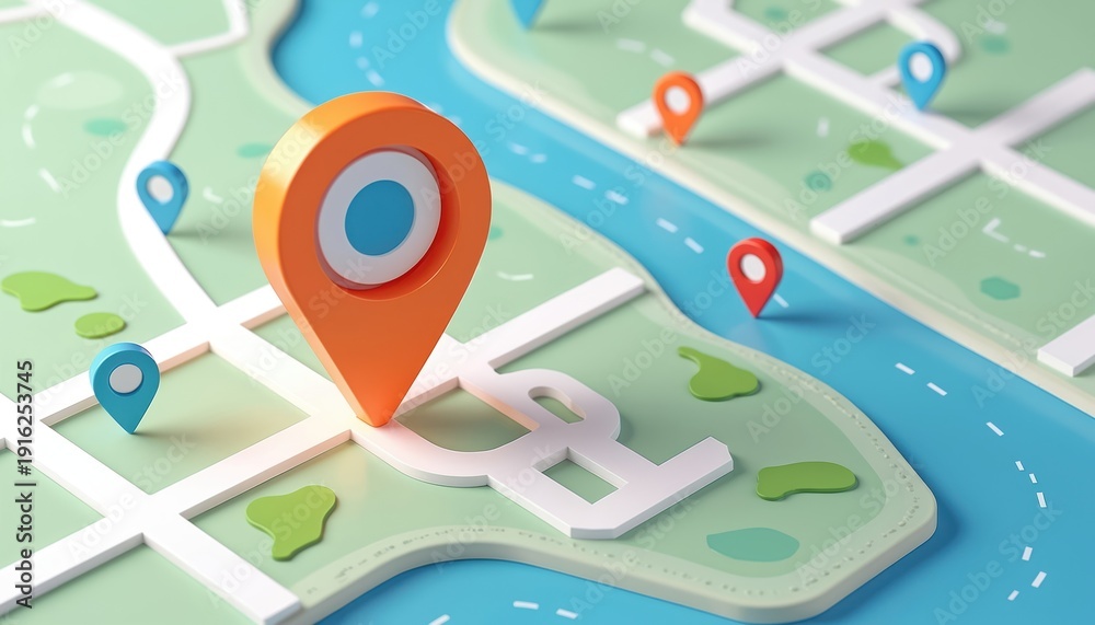 Obraz premium Stylized map with location pins shows routes roads and water bodies. Digital concept art illustrates navigation and local area targeting for business.