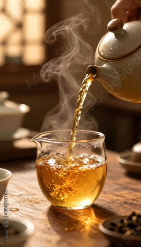 Hand pouring hot tea from a ceramic teapot into a glass cup with steam rising. Traditional brewing for relaxation