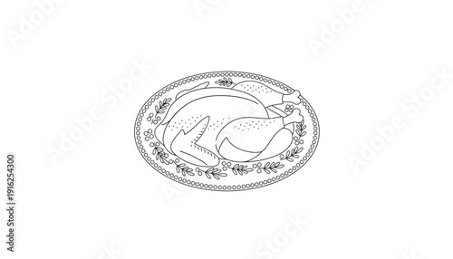 Roasted Turkey on Serving Platter, Thanksgiving Dinner, Holiday Feast, Line Art Illustration