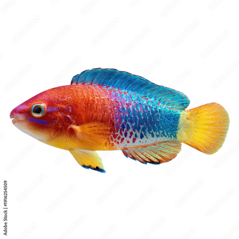 Fototapeta premium Vibrant Ruby Red Fairy Wrasse Swimming in the Ocean PNG on Transparent Background