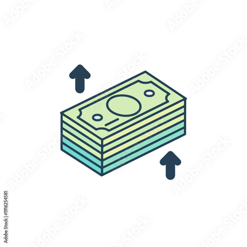 Increasing cash flow icon with banknote and up arrows for financial growth and income.