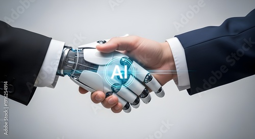 Human and robotic hands shaking in a symbolic partnership