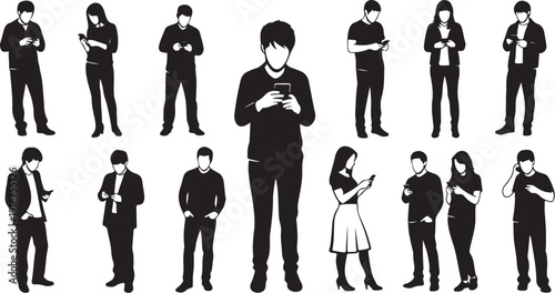 Silhouette of people using smartphones in various poses and settings