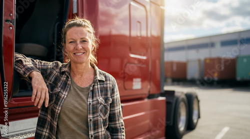 Wallpaper Mural portrait of a truck driver, a smiling woman by the open door of a truck, copy space for a text message for Labor Day or International Women's Day Torontodigital.ca