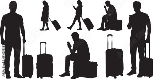 Silhouettes of travelers with luggage in various poses and actions
