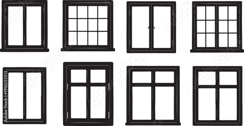 Collection of various black window frames on white background
