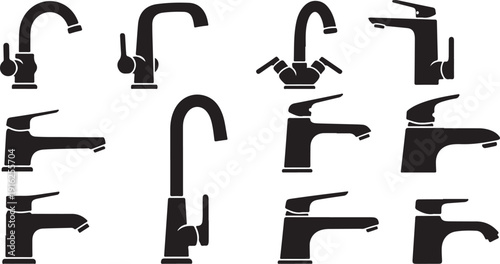 Collection of various black faucet icons on white background