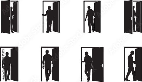 Silhouettes of people entering and exiting through doors slowly