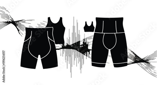 Sleek black shapewear garments including high-waisted shorts and tank top with abstract design