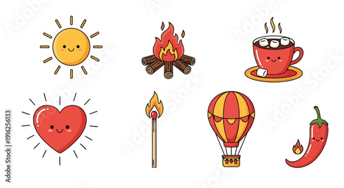 Kawaii illustration with positive vibe including sunlight bonfire cocoa heart and hot pepper