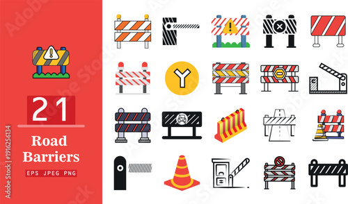 Collection of road barrier signs and traffic cones for construction