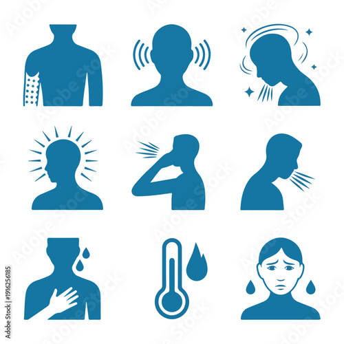 Health Symptoms & Medical Conditions Icons – Flat Blue Silhouette Vector Set for Healthcare Apps, Infographics & Patient Education