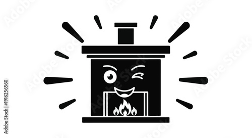 Joyful fireplace character winks with warm glowing flames and radiating light