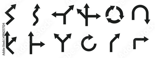 Road traffic direction arrows flat set. You-turn, left, right, two way, three way transportation direction symbol. Vector illustration.