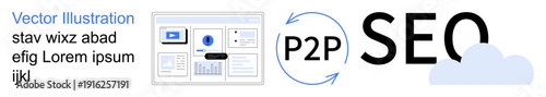 Search engine optimization, peer-to-peer networking, cloud computing, digital analytics, online marketing, modern technology. Visual of P2P SEO and cloud integration with analytics interface. SEO