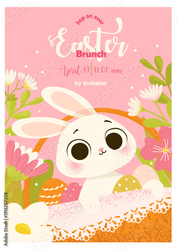Cute Easter brunch invitation with a smiling bunny in a basket with decorated eggs and spring flowers on a soft pink background. Festive illustration for holiday party, kids event, or seasonal celebra