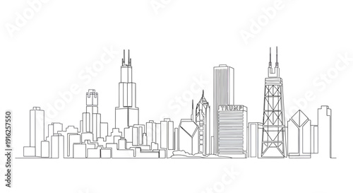 Monochrome skyline illustration depicting famous Chicago skyscrapers in linear style