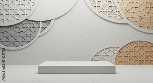 Wallpaper Mural Minimalist white room with geometric islamic wall patterns and podium Torontodigital.ca