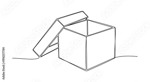 Open Box, Unboxing, Surprise, Gift, Present, Delivery, Shipping, Packaging, Container, Cardboard, Open Lid, Empty, Isolated, Simple, Minimalist, Line Art