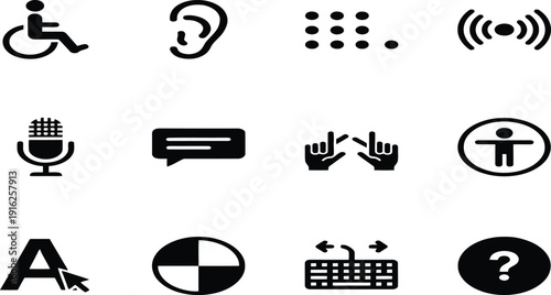 Accessibility and inclusion solid icon set isolated on white background. Collection of disability symbols including wheelchair, ear for hearing aid, braille, sign language, and assistive technology.