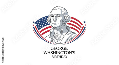 George Washington's Birthday illustration with American flag and portrait of the First President on Presidents' Day